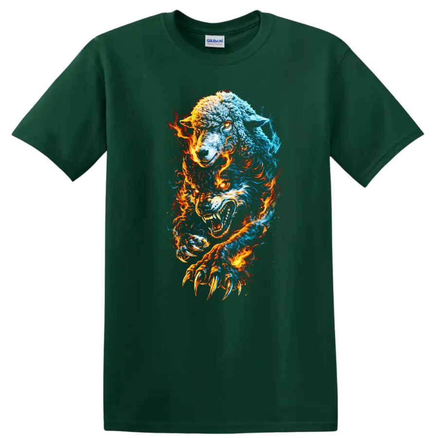 Fire and Ice Wolves Fury T Shirt for Bold Animal Lovers - Forest Green