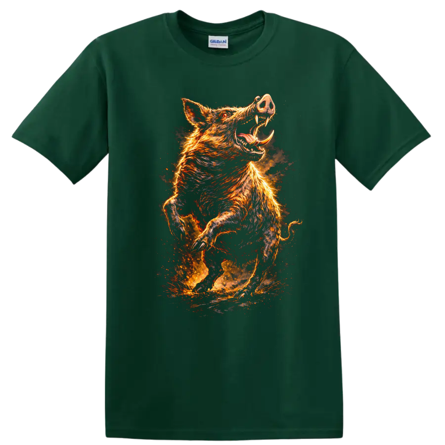 Fiery Wild Boar Attack Graphic T Shirt for Animal Lovers - Forest Green