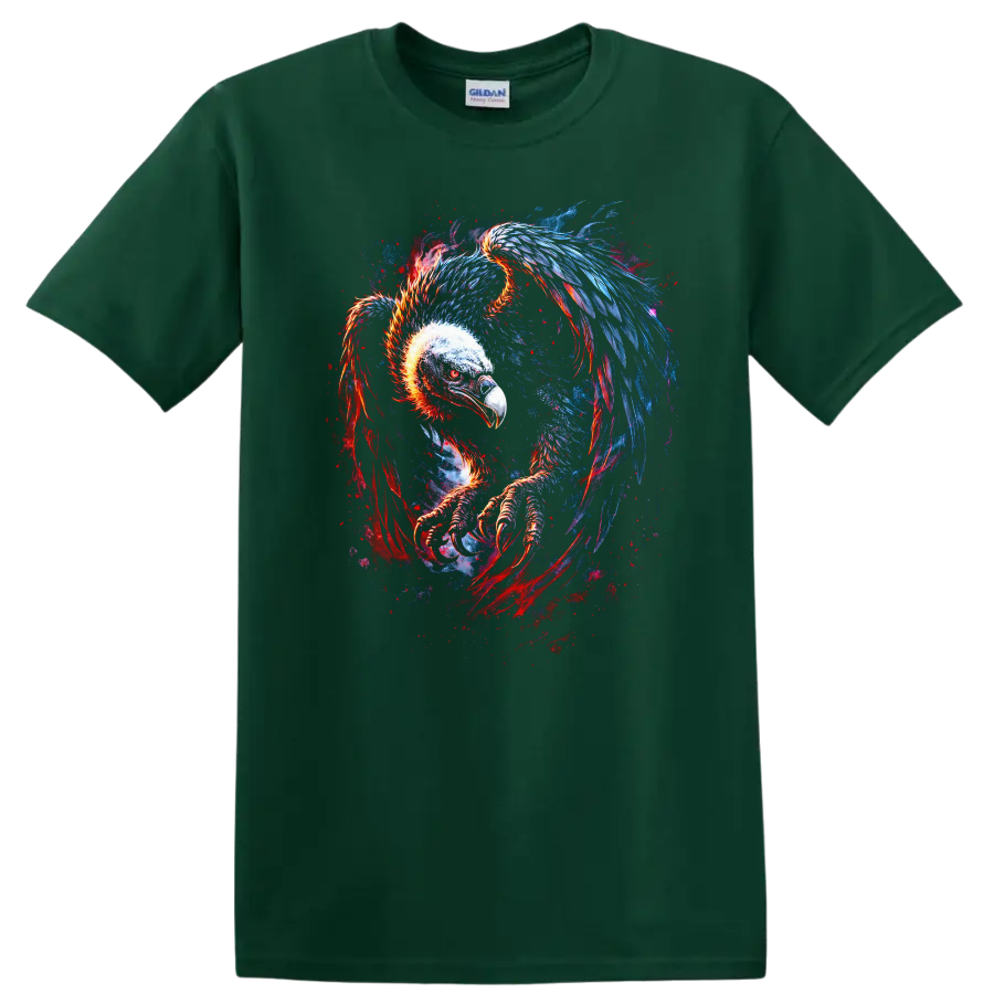 Fiery Neon Vulture Eagle Skeleton T Shirt Psychedelic Animal Art - Forest Green