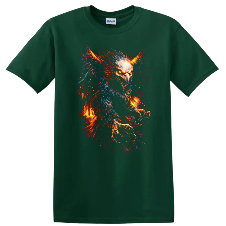 Fiery Phoenix Eagle Bird Art T Shirt for Bold Animal Lovers - Forest Green