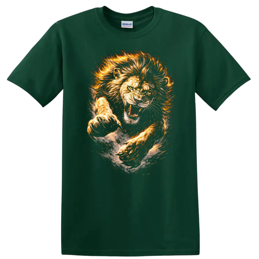 Roaring Lion Fire Mane Wildlife Art T Shirt For Animal Lovers - Forest Green