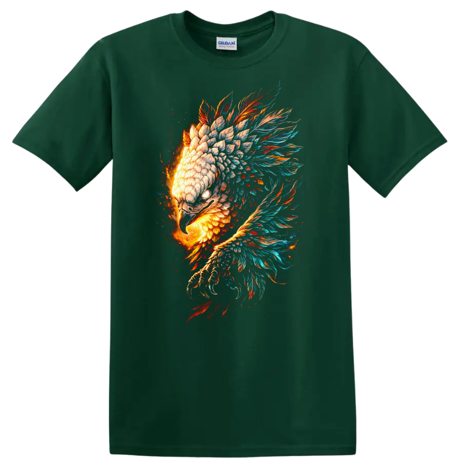 Fiery Phoenix Eagle Feather Burst Animal Art T Shirt - Forest Green