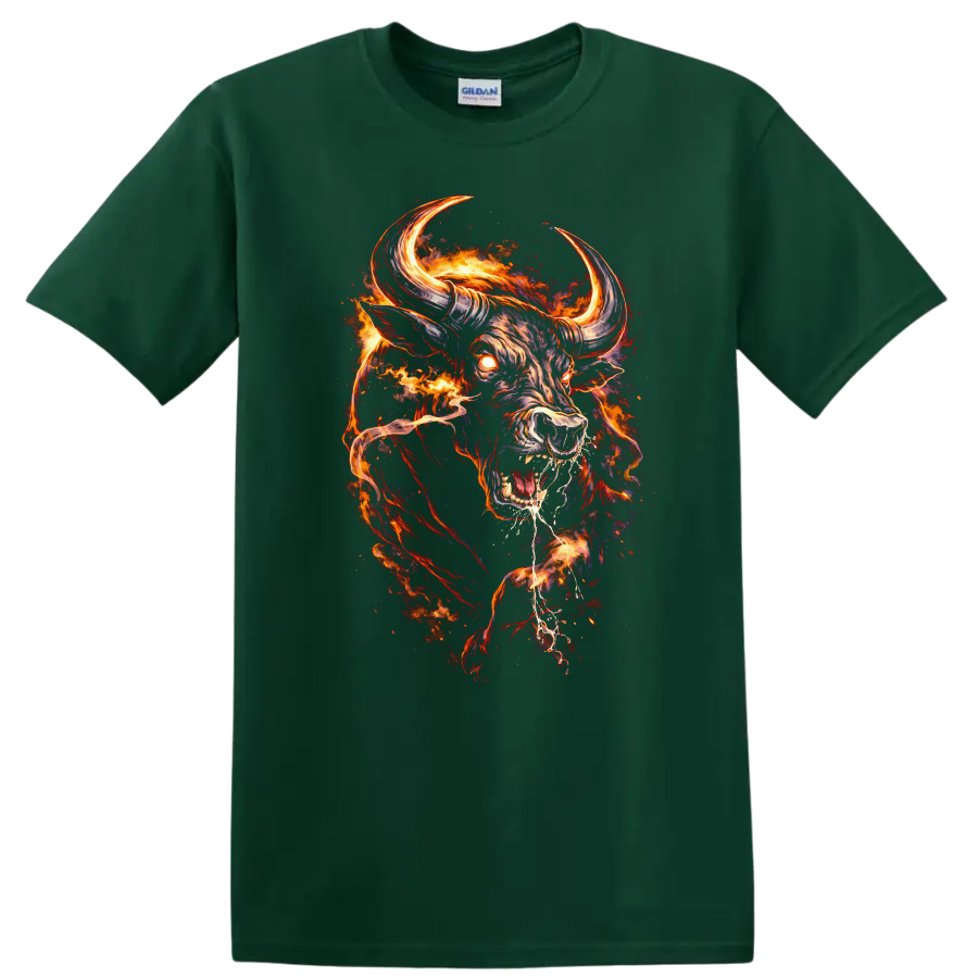 Flaming Bull Head Fire Fury Graphic T Shirt for Bold Animal Art Fans - Forest Green