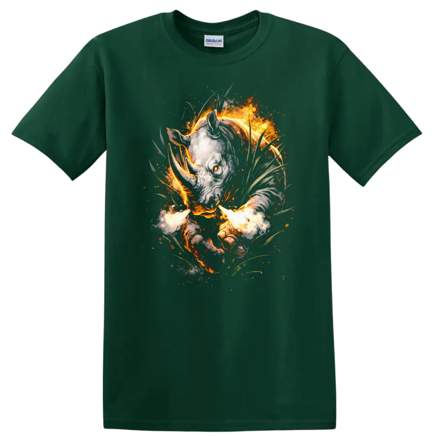 Fiery Rhino Head Animal Art T Shirt Wild Burning Beast Graphic - Forest Green