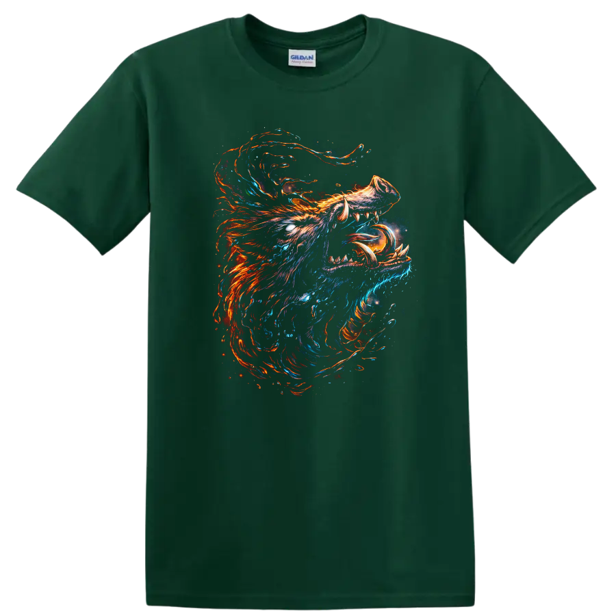 Abstract Neon Wolf Head T Shirt Fierce Fire and Ice Animal Art - Forest Green