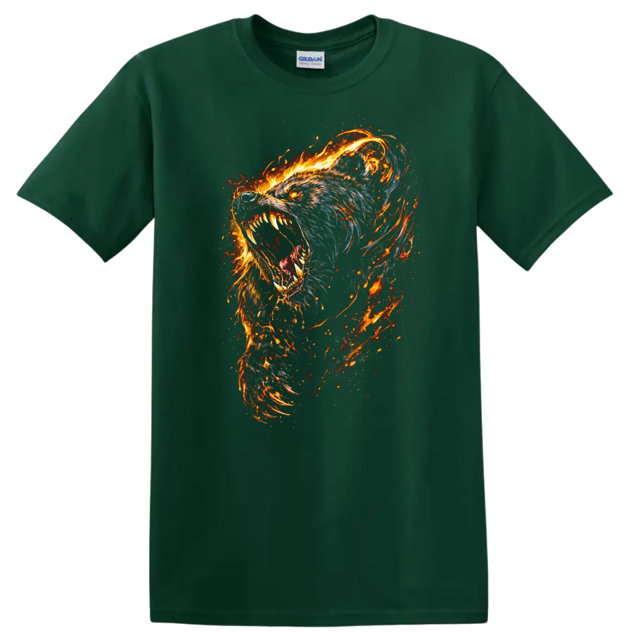 Fierce Flaming Wolf Head T Shirt for Animal Art Lovers - Forest Green