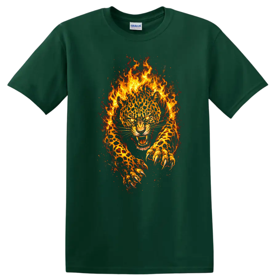 Fiery Leopard Panther T Shirt Wild Flaming Big Cat Animal Graphic - Forest Green