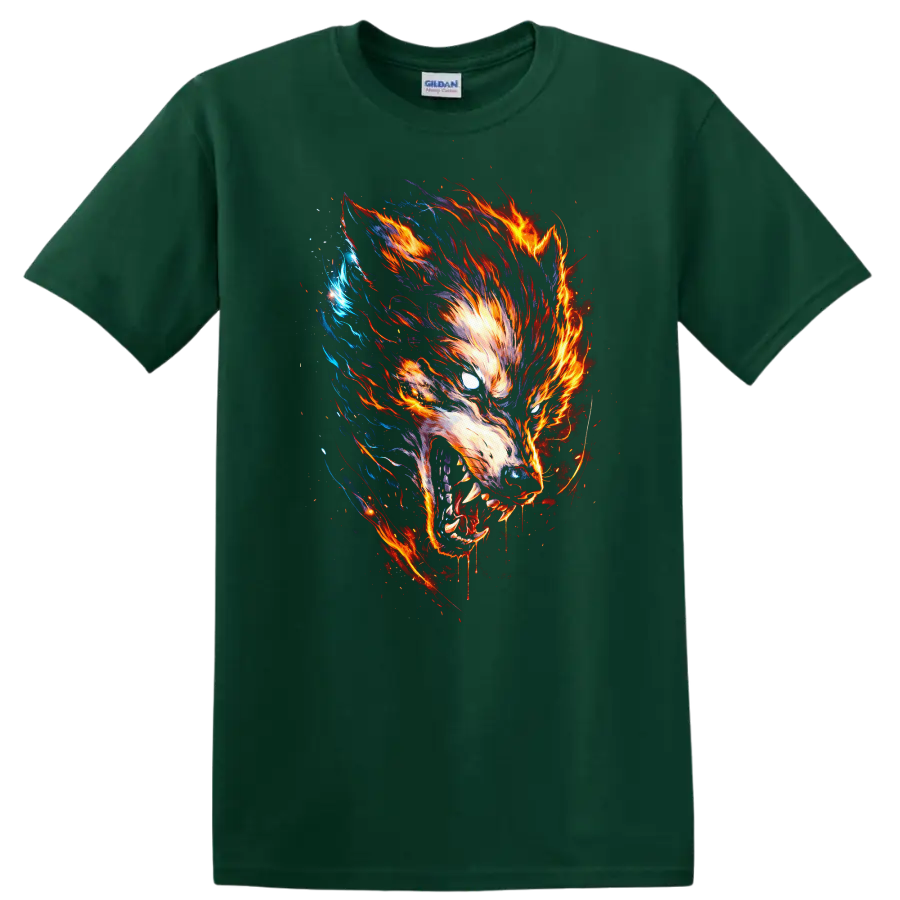 Fiery Wolf Head Graphic T Shirt for Animal Art Lovers - Forest Green