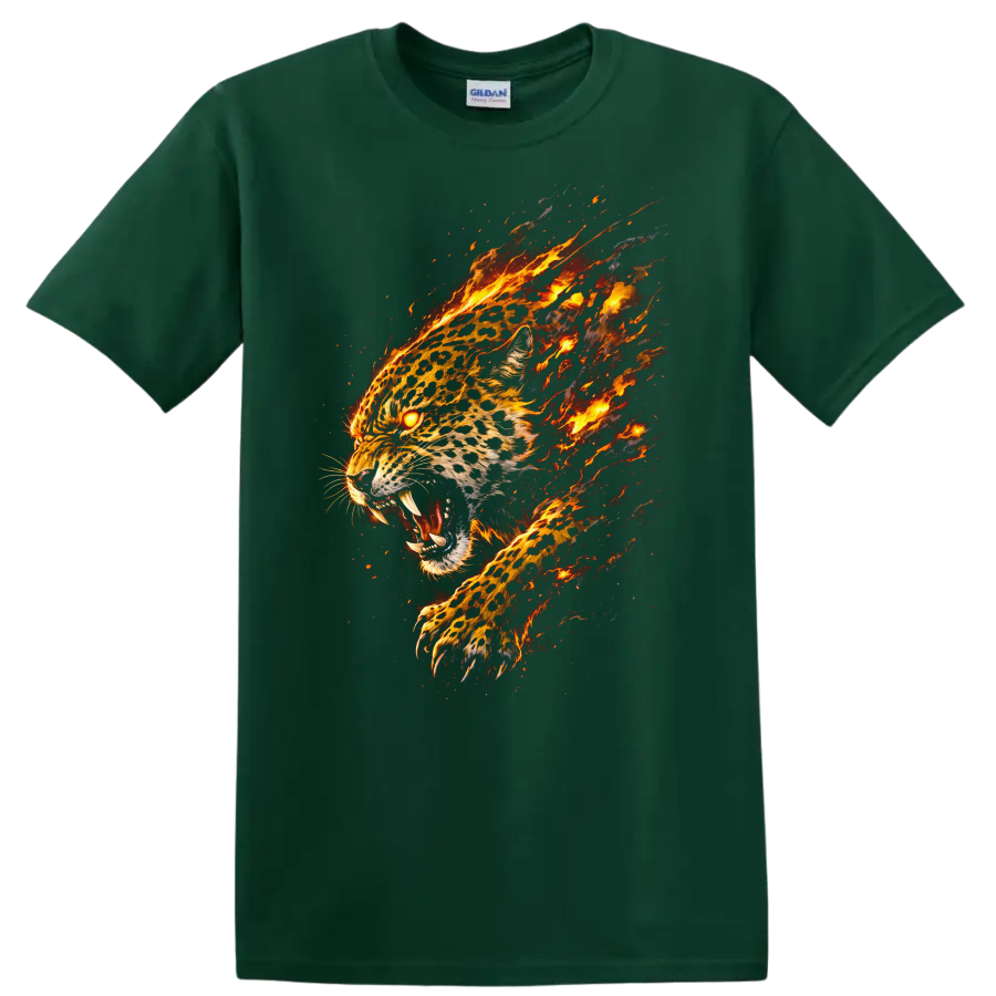 Fiery Flaming Leopard Head T Shirt Bold Animal Graphic for Nature Lovers - Forest Green