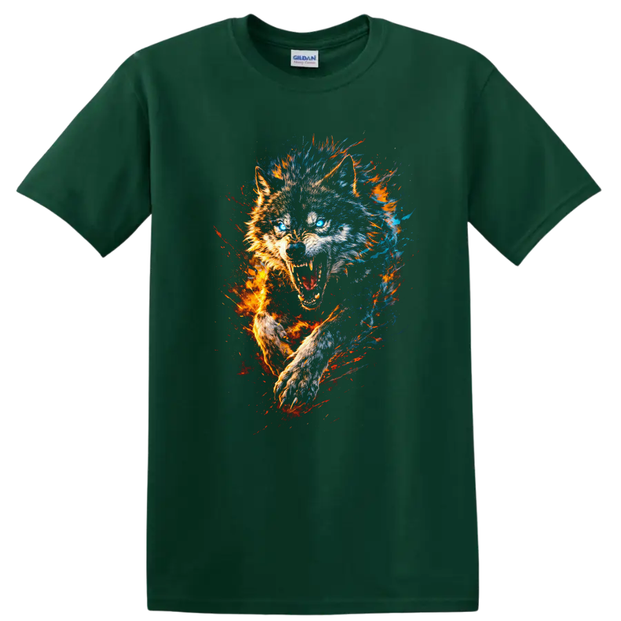 Fiery Wolf Head Graphic T Shirt Blue and Orange Energy Splash - Forest Green