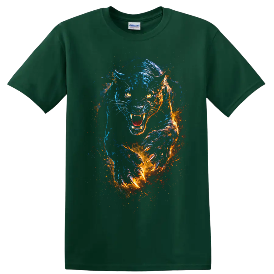 Blue and Orange Fierce Panther Watercolor T Shirt for Animal Lovers - Forest Green