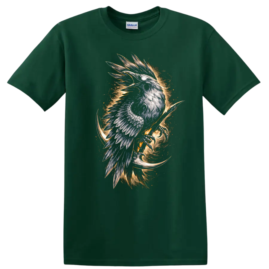Mystic Phoenix Raven Bird Fire Wings Graphic T Shirt - Forest Green