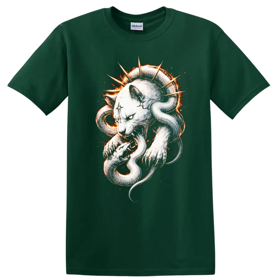 White Panther and Snake Flame Art T Shirt for Animal Lovers - Forest Green