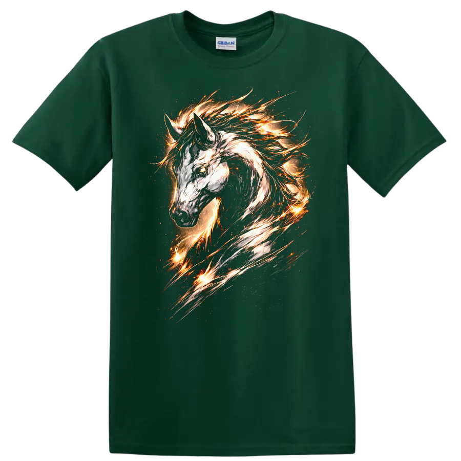 Fire Horse Head T Shirt Flaming Equine Animal Graphic Tee - Forest Green