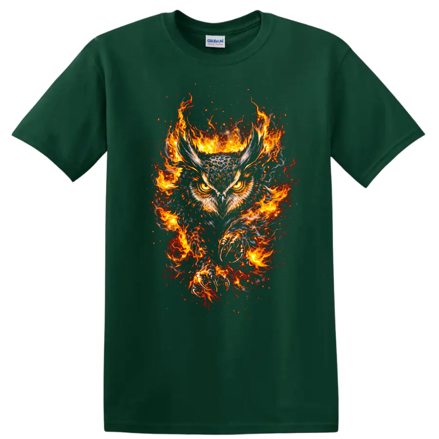 Fiery Owl with Flaming Wings Animal Graphic T Shirt - Forest Green