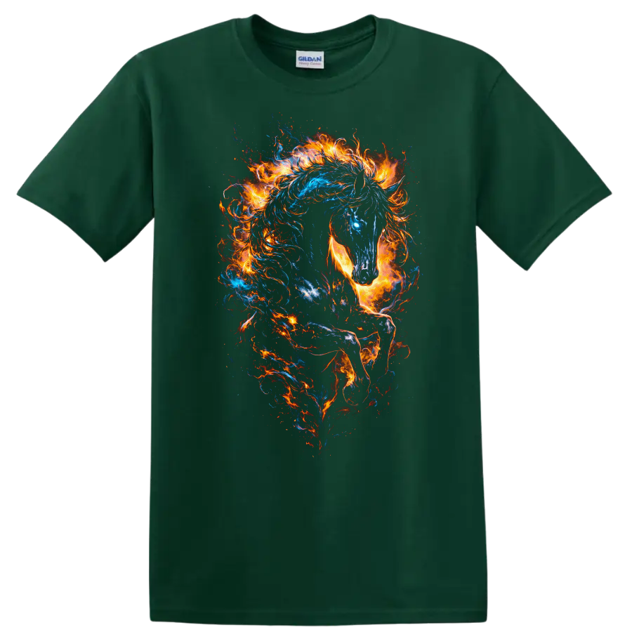 Fiery Blue and Orange Horse Art T Shirt for Animal Lovers - Forest Green