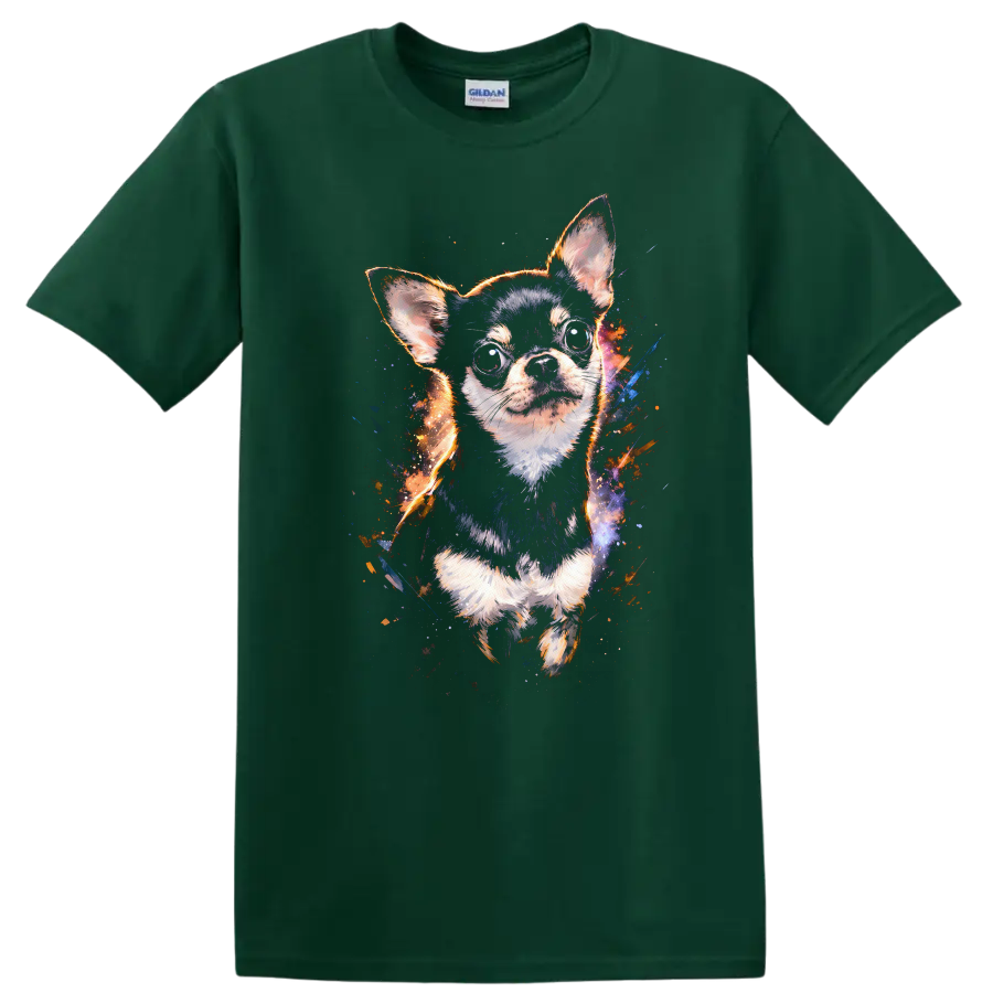 Colorful Chihuahua Portrait T Shirt for Dog Lovers Vibrant Splash Art on a Forest Green T Shirt