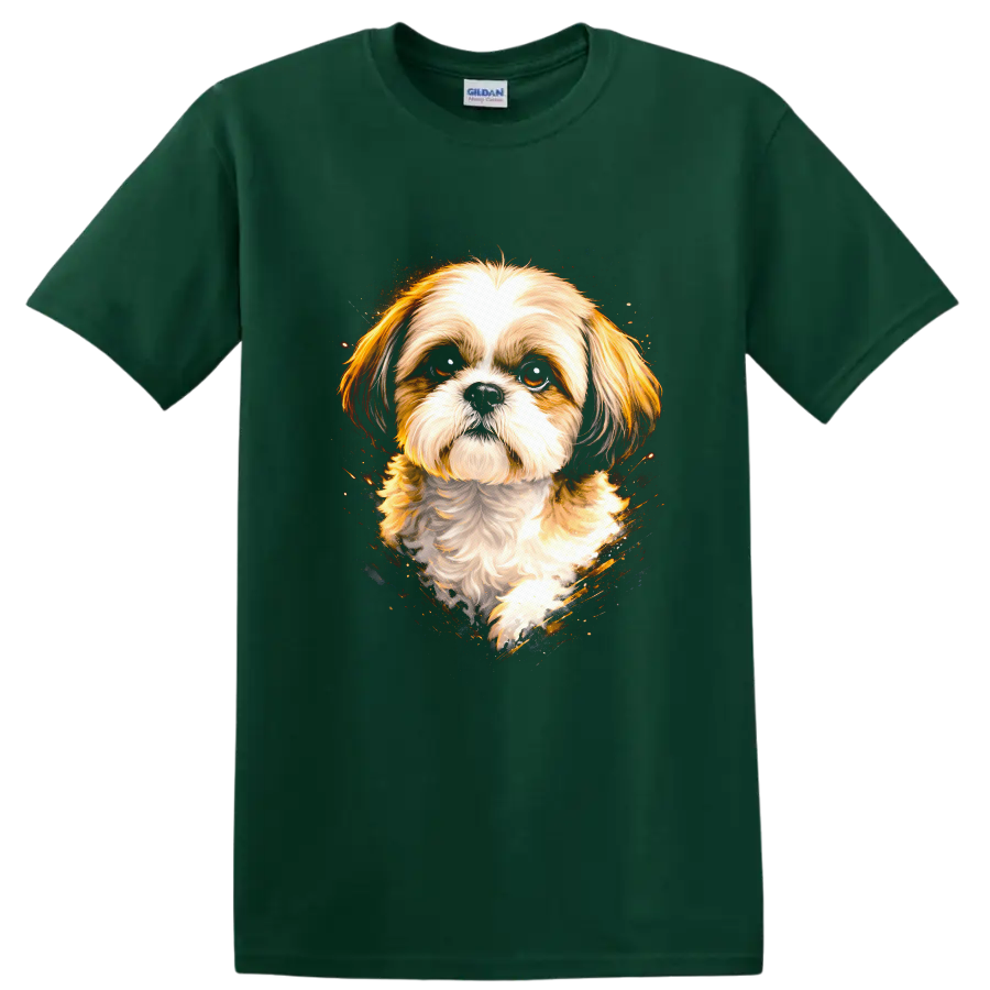 Shih Tzu Dog Portrait Watercolor Splash T Shirt on a Forest Green T Shirt