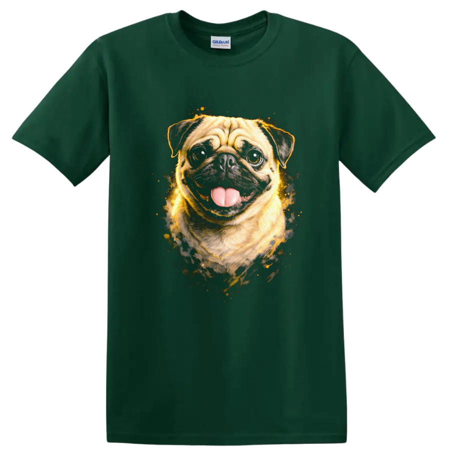 Funny Pug Dog Portrait Splash Art T Shirt for Dog Lovers on a Forest Green T Shirt