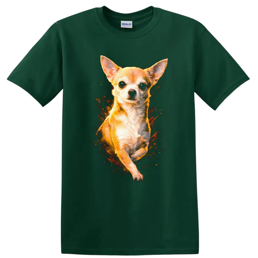 Chihuahua Dog Portrait Fire Burst Graphic T Shirt for Dog Lovers on a Forest Green T Shirt