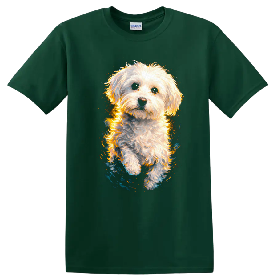 Fluffy White Dog Portrait T Shirt for Dog Lovers and Pet Fans on a Forest Green T Shirt