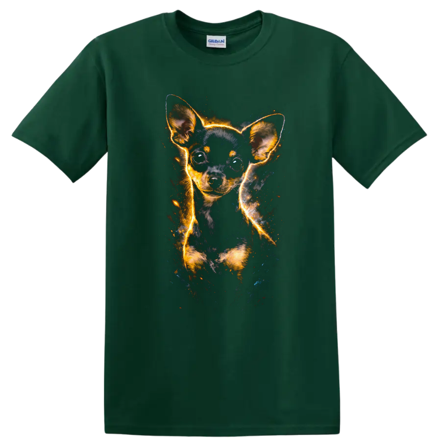 Glowing Chihuahua Puppy Portrait T Shirt for Dog Lovers on a Forest Green T Shirt