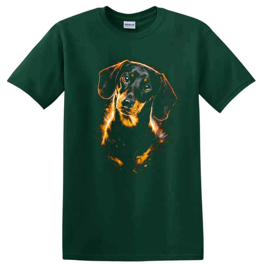 Dachshund Dog Portrait T Shirt Fiery Neon Art for Dog Lovers on a Forest Green T Shirt