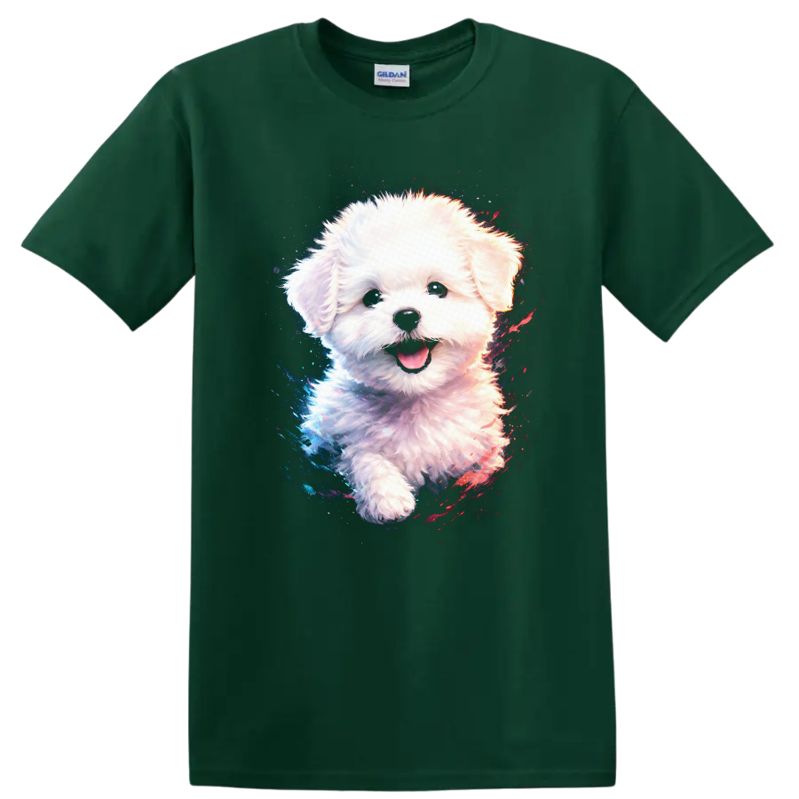 Cute White Puppy Dog Portrait T Shirt Colorful Neon Splash - Forest Green