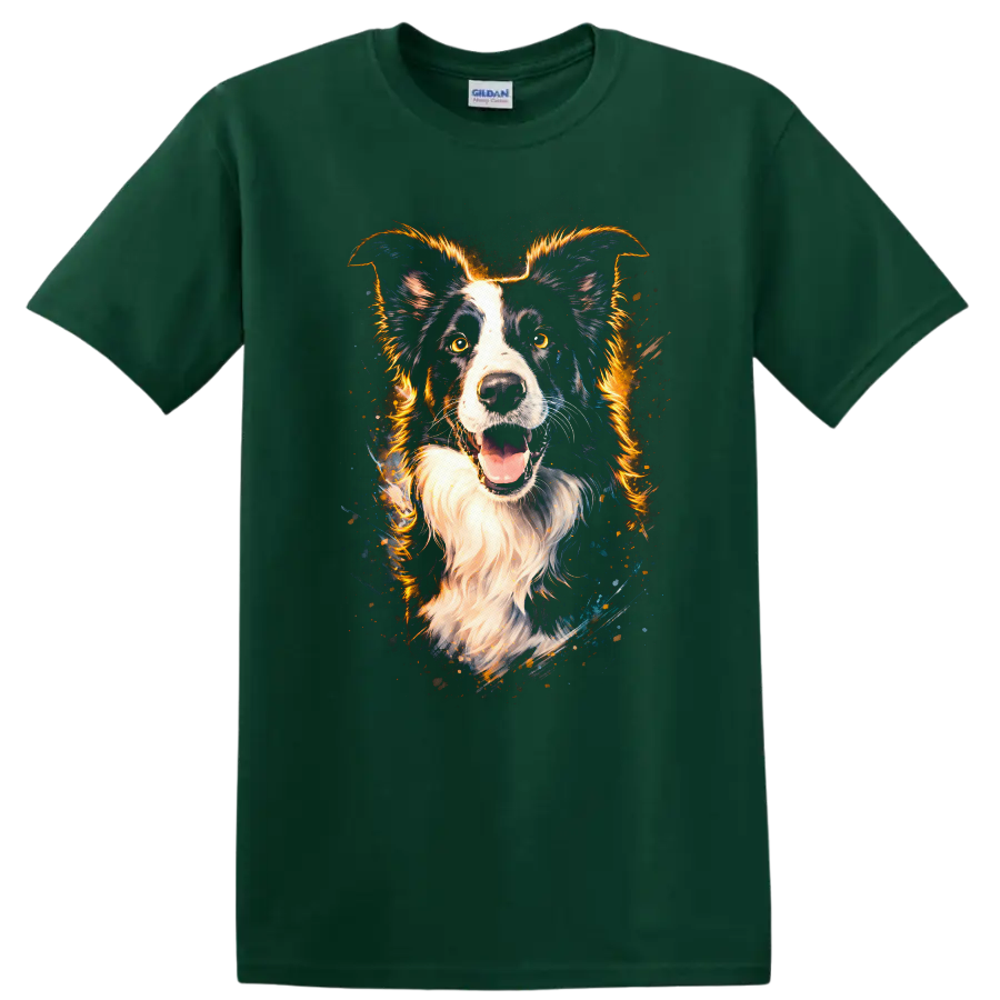 Border Collie Neon Splash Portrait T Shirt for Dog Lovers - Forest Green