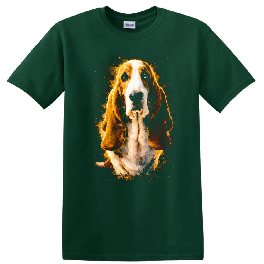 Basset Hound Dog Portrait Flame Art T Shirt for Dog Lovers on a Forest Green T Shirt