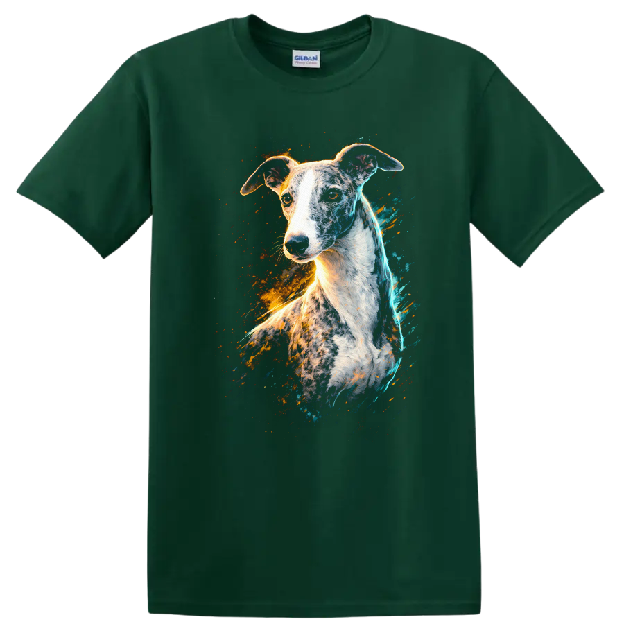 Greyhound Dog Splash Art T Shirt Colorful Neon Breed Portrait on a Forest Green T Shirt