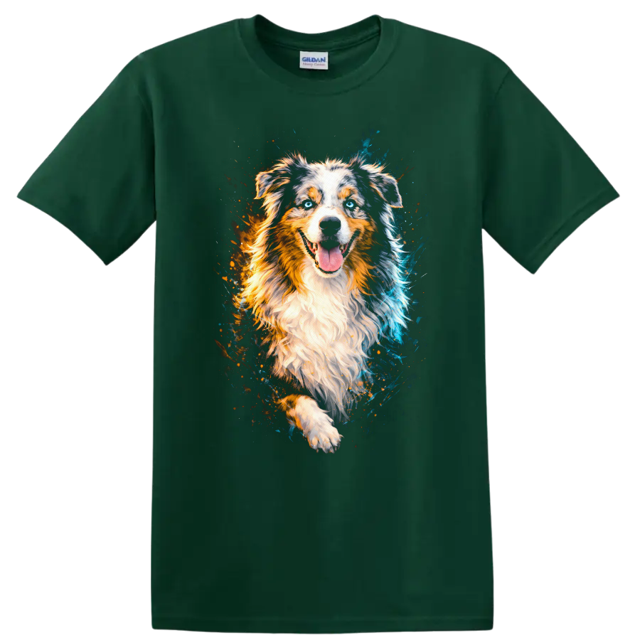 Australian Shepherd Dog Watercolor Portrait T Shirt for Dog Lovers on a Forest Green T Shirt