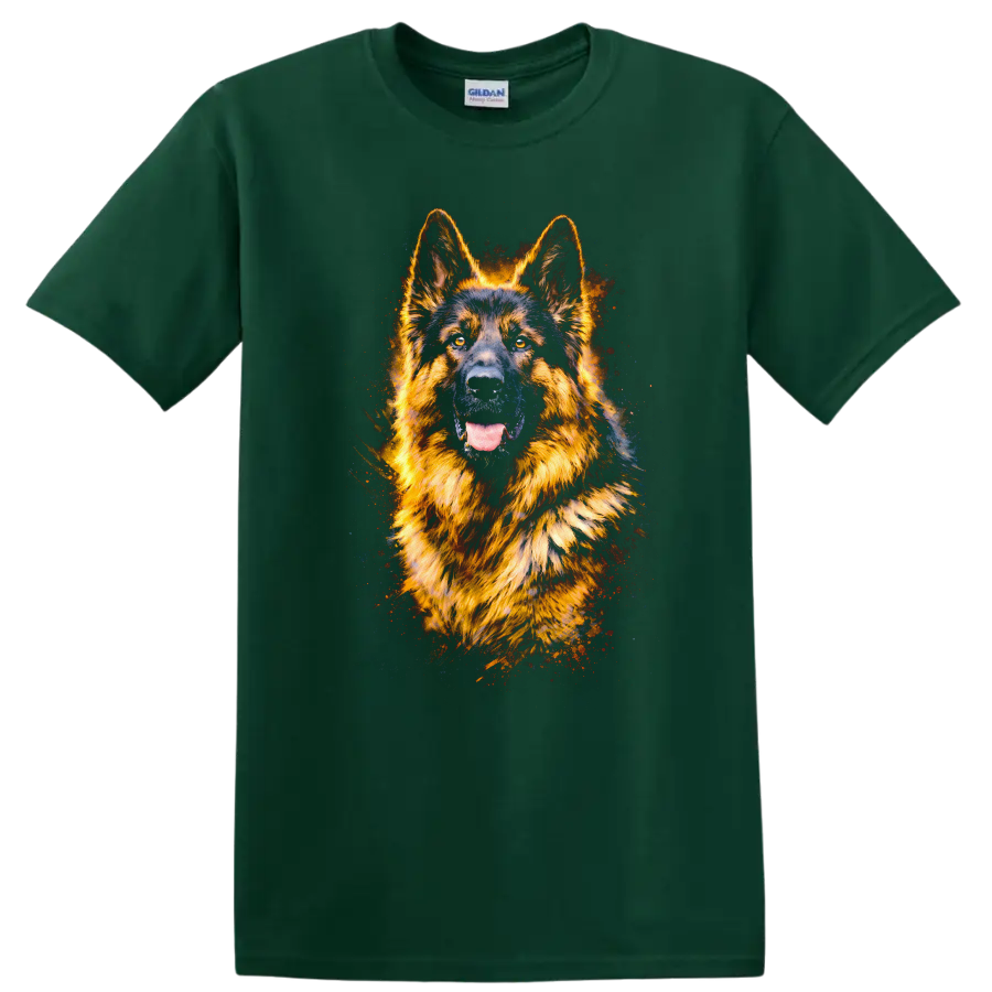 German Shepherd Neon Watercolor Dog Portrait T Shirt for Dog Lovers - Forest Green