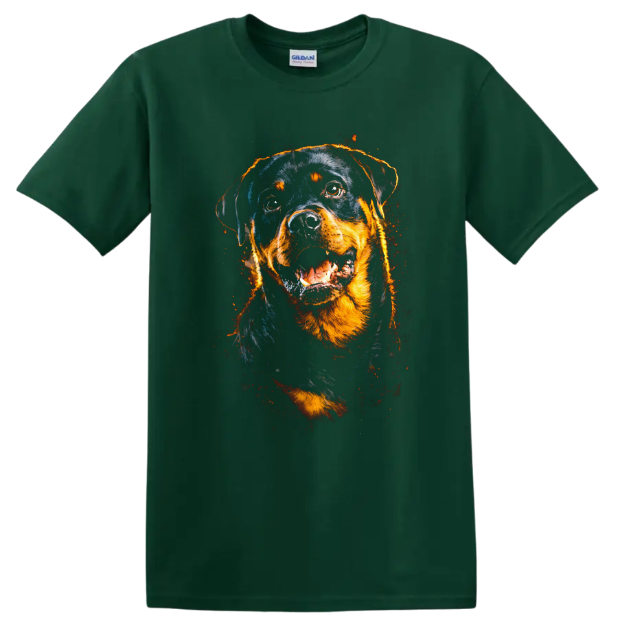 Rottweiler Dog Portrait T Shirt Fierce Fire Glow Pet Lover Graphic on a Forest Green T Shirt