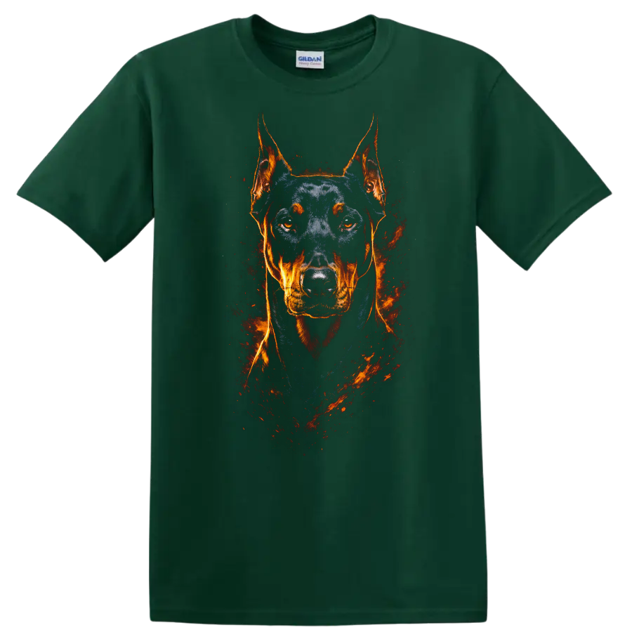 Doberman Pinscher Fire Portrait T Shirt Fierce Dog Lover Graphic on a Forest Green T Shirt
