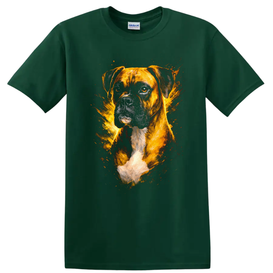 Boxer Dog Portrait Splash Art T Shirt for Dog Lovers on a Forest Green T Shirt