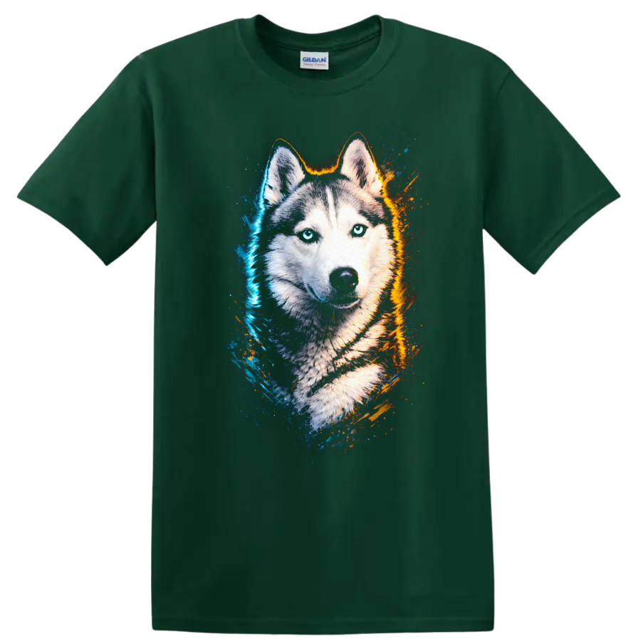 Blue Eyed Husky Portrait T Shirt Vibrant Splash Art Dog Lover Gift on a Forest Green T Shirt