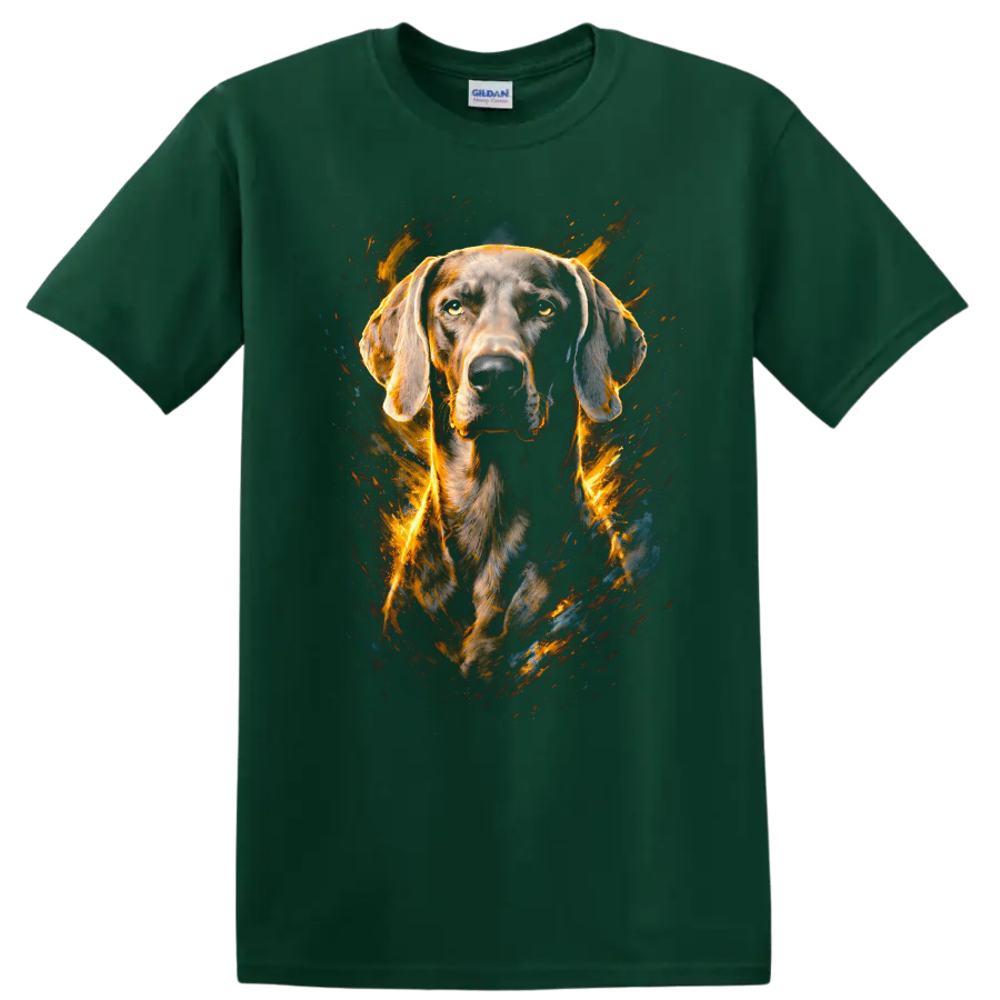 Flame Art Weimaraner Dog Portrait Unisex T Shirt for Dog Lovers on a Forest Green T Shirt
