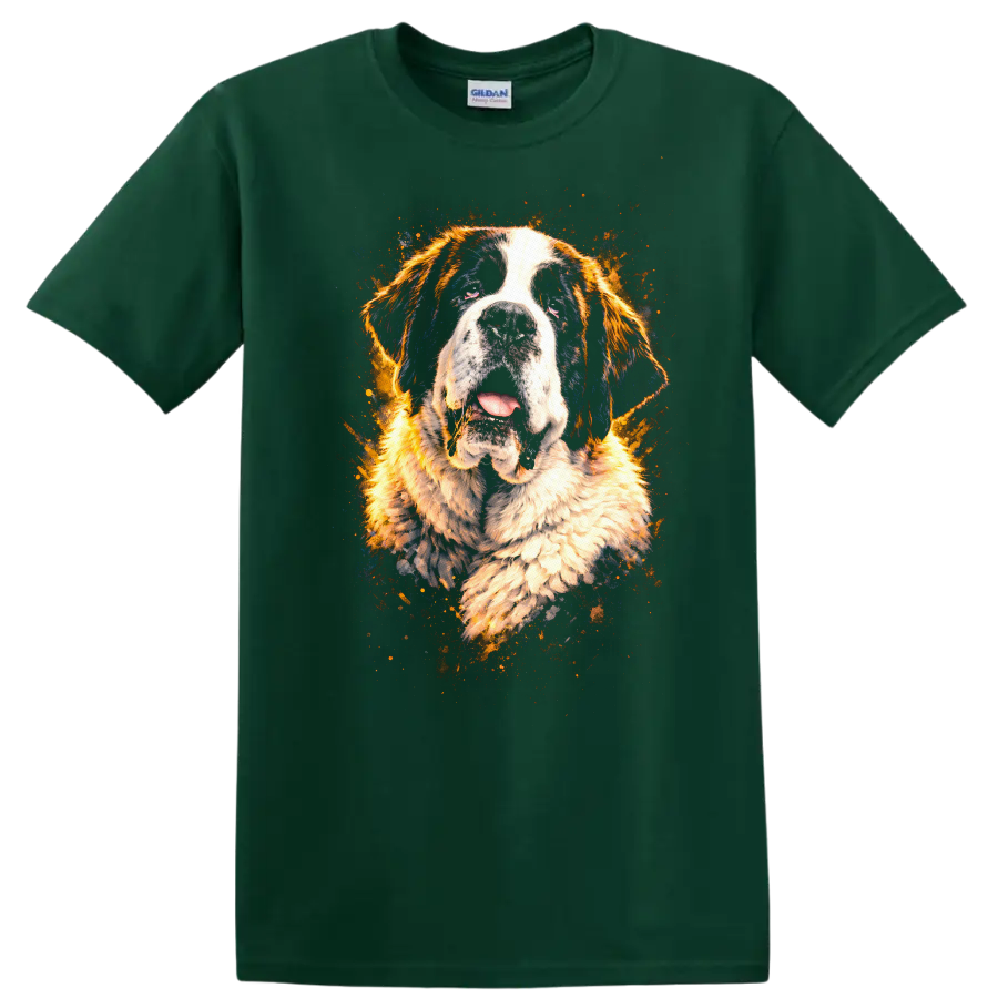 Saint Bernard Splash Art Dog Portrait T Shirt for Breed Lovers on a Forest Green T Shirt