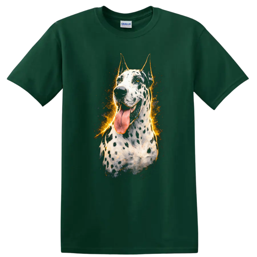 Flaming Dalmatian Dog Portrait Fire Burst T Shirt for Dog Lovers on a Forest Green T Shirt