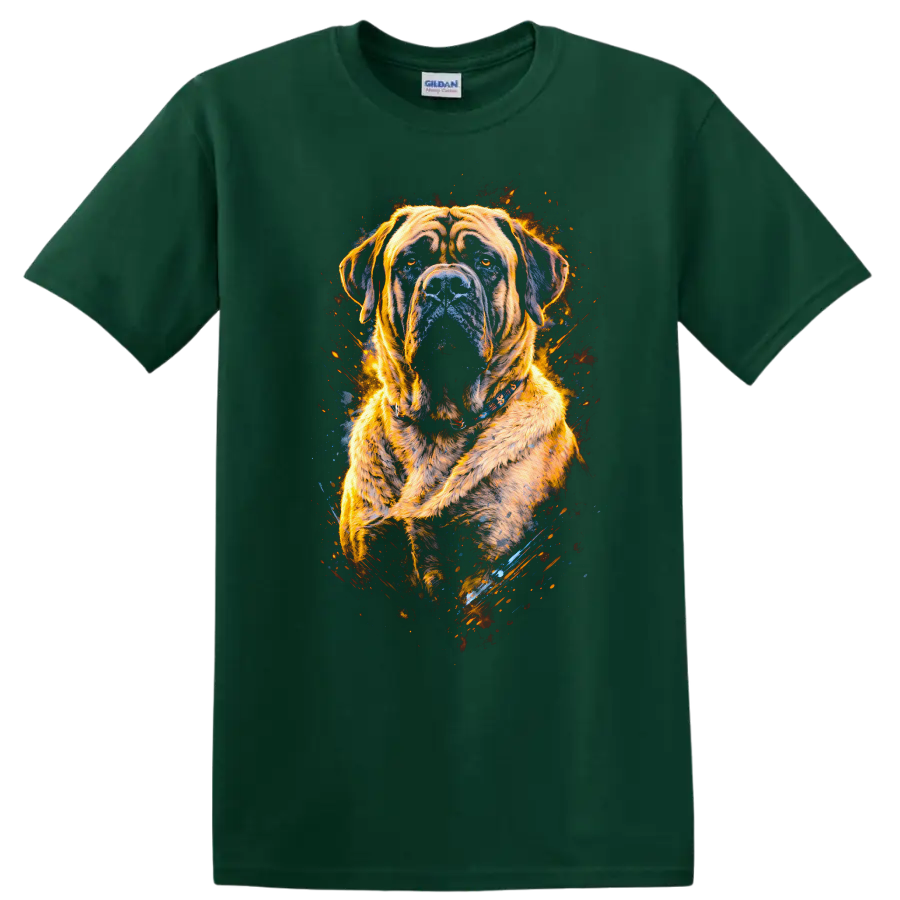 Flaming Cane Corso Dog Portrait T Shirt for Dog Lovers on a Forest Green T Shirt