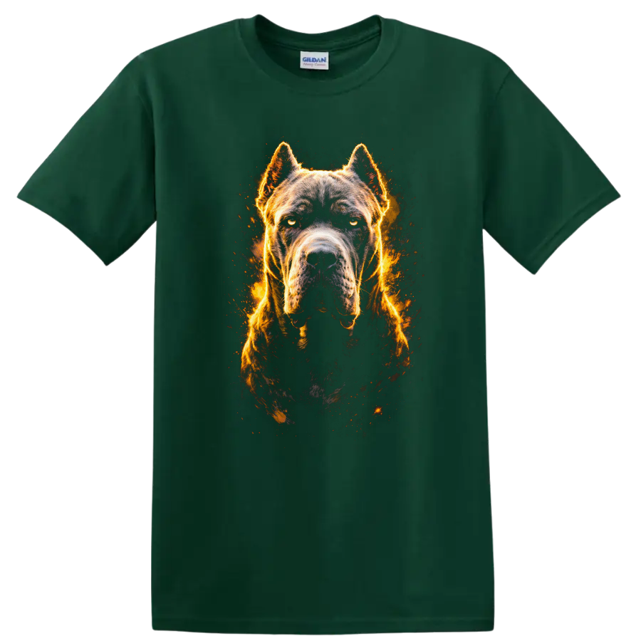 Aggressive Pitbull Dog Fire Glow Graphic T Shirt on a Forest Green T Shirt