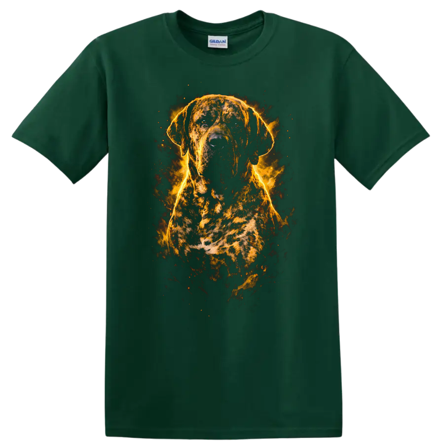 Brindle Dog Flame Portrait T Shirt for Dog Lovers Fiery Art Design on a Forest Green T Shirt
