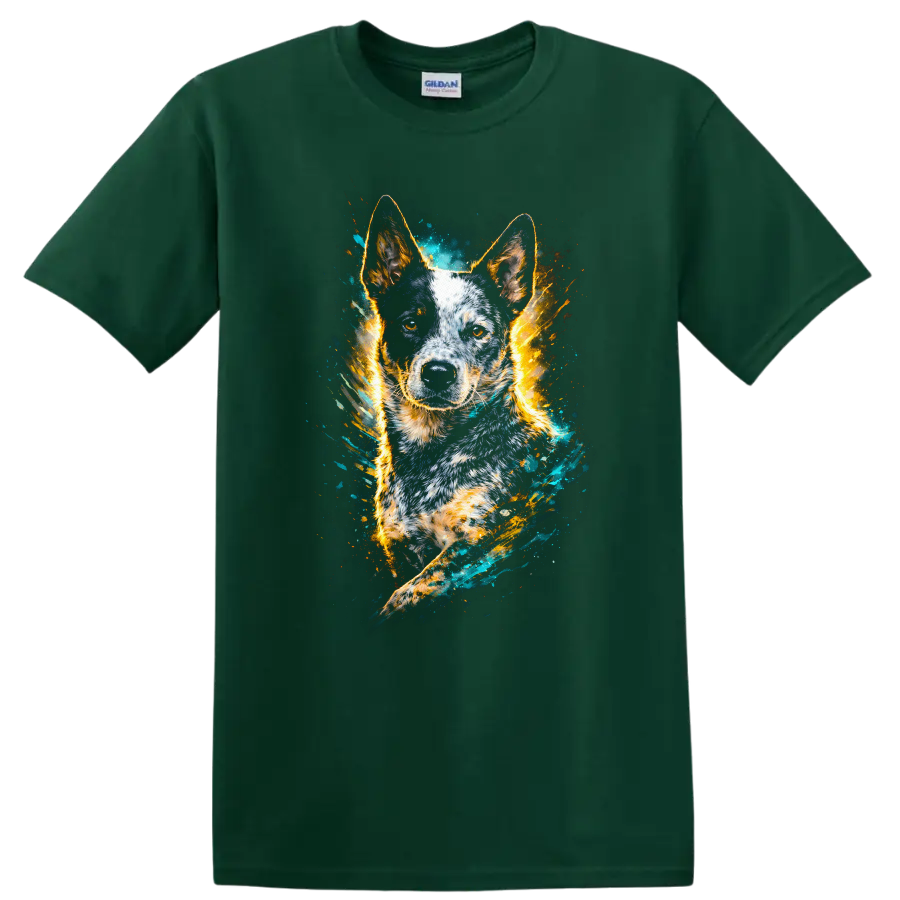 Blue Heeler Dog Portrait Watercolor Splash T Shirt for Dog Lovers on a Forest Green T Shirt