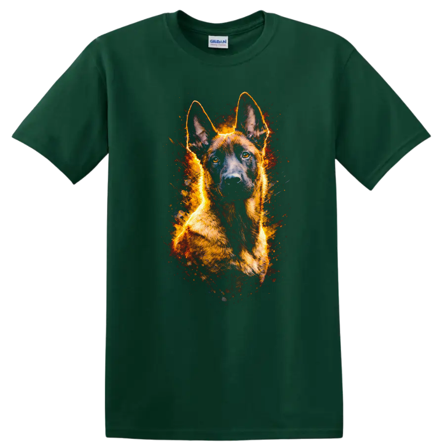 German Shepherd Fire Glow T Shirt for Dog Lovers and Owners on a Forest Green T Shirt