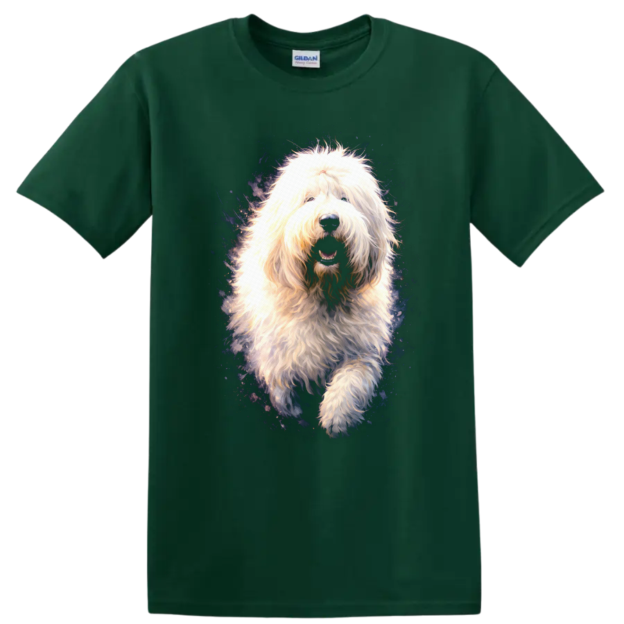 Fluffy Old English Sheepdog Dog Portrait T Shirt, Cosmic Neon Style on a Forest Green T Shirt