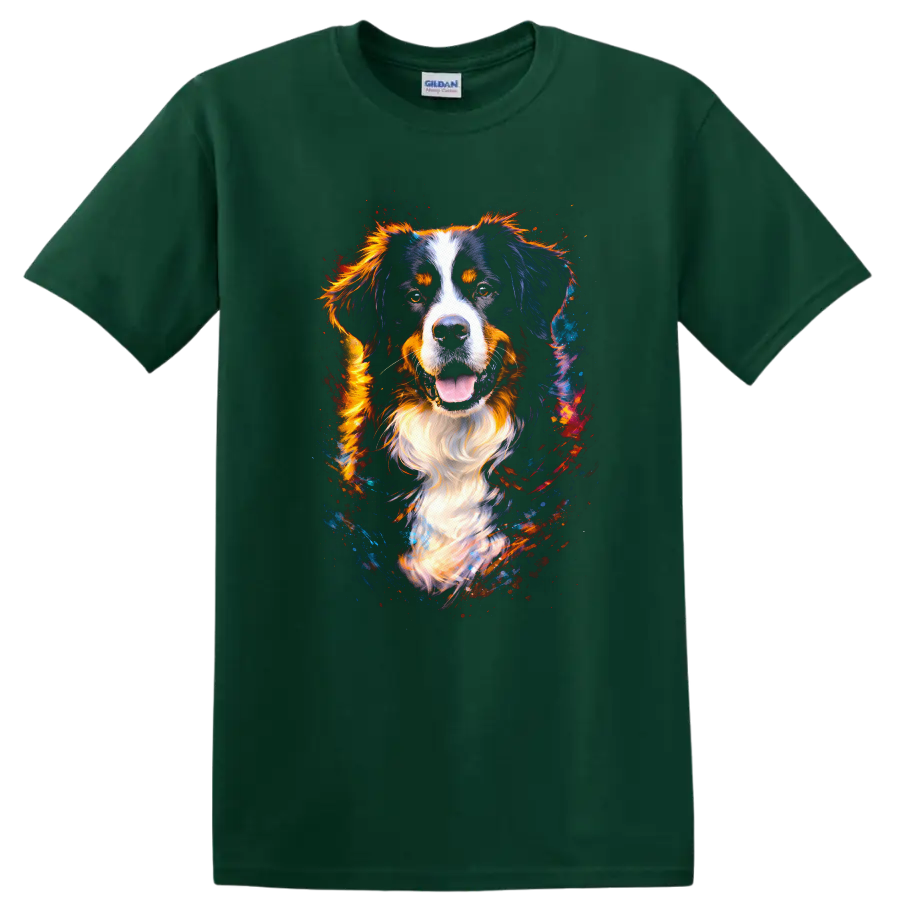 Colorful Bernese Mountain Dog Portrait T Shirt for Dog Lovers on a Forest Green T Shirt