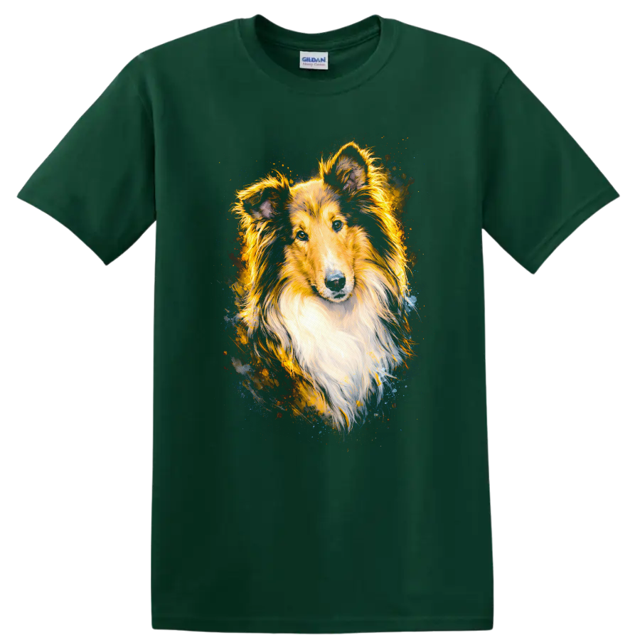 Shetland Sheepdog Color Splash Portrait T Shirt for Dog Lovers on a Forest Green T Shirt