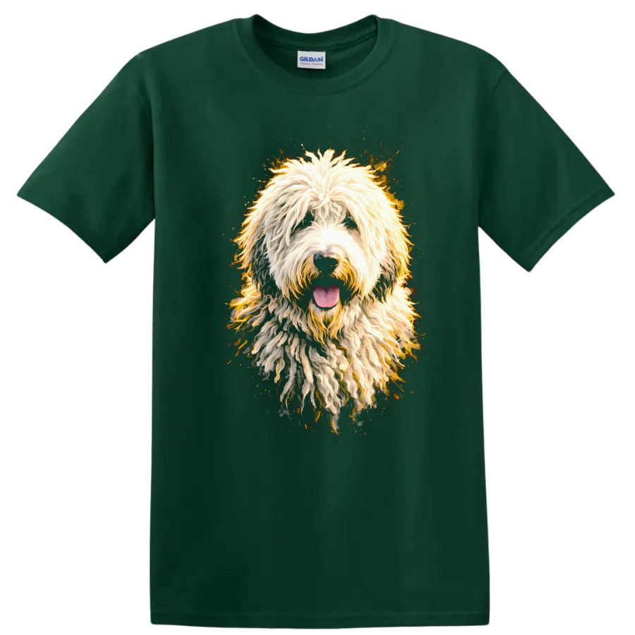Colorful Shaggy Dog Portrait T Shirt for Dog Lovers and Pet Fans on a Forest Green T Shirt