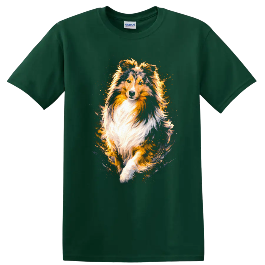 Shetland Sheepdog Dog Portrait T Shirt Colorful Pet Lover Gift on a Forest Green T Shirt